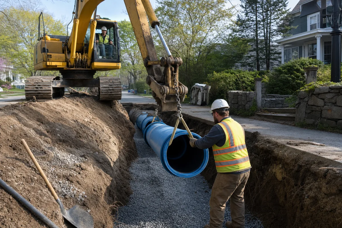Excavator lowering a new water main into an open trench